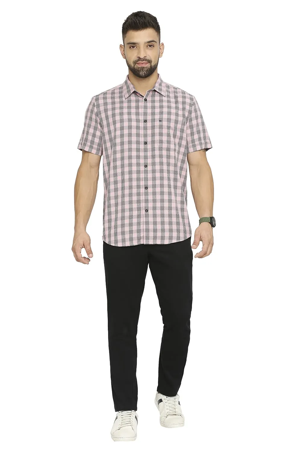 Slim Fit Polyester Viscose Twill Checks Halfsleeves Shirt