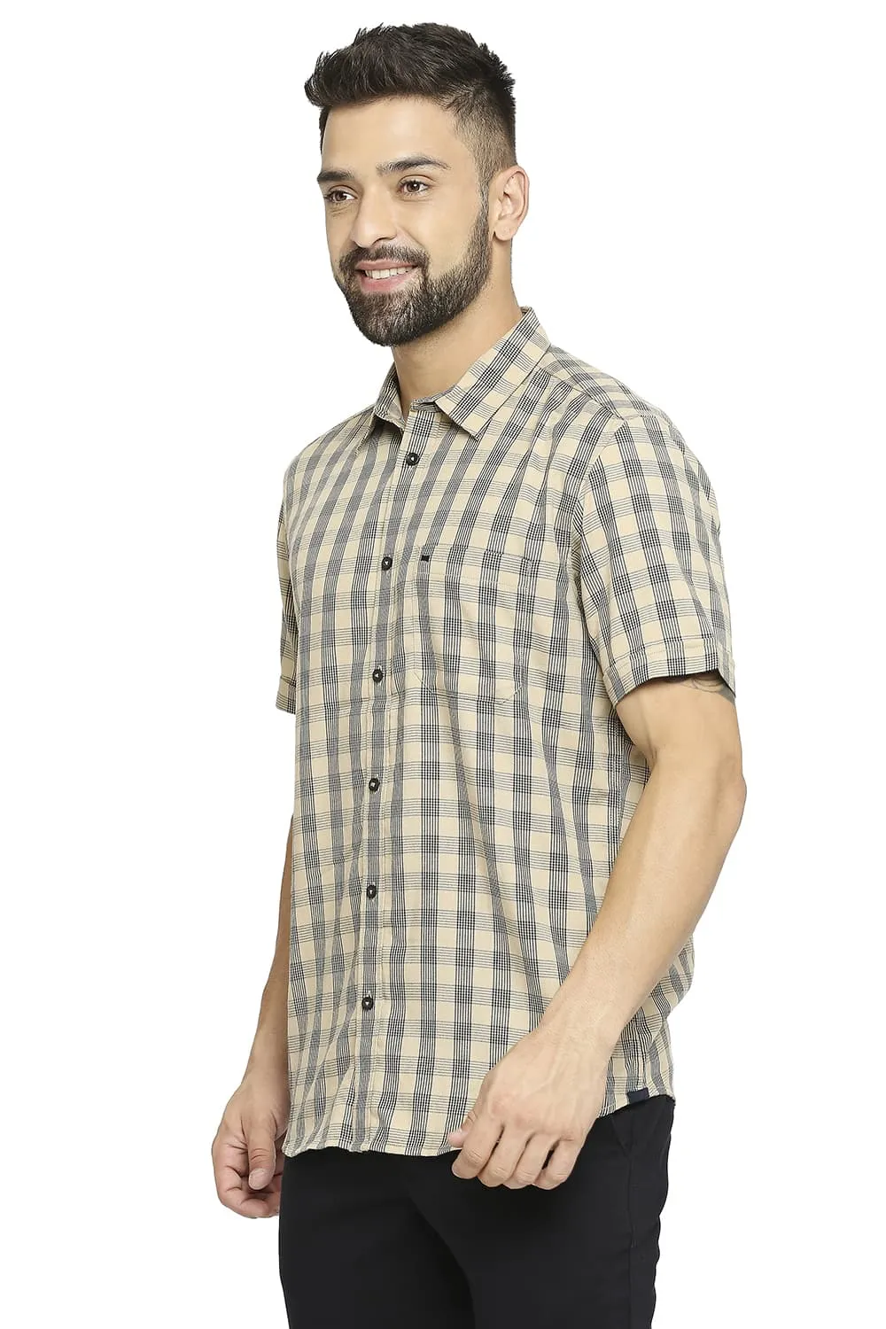 Slim Fit Polyester Viscose Twill Checks Halfsleeves Shirt