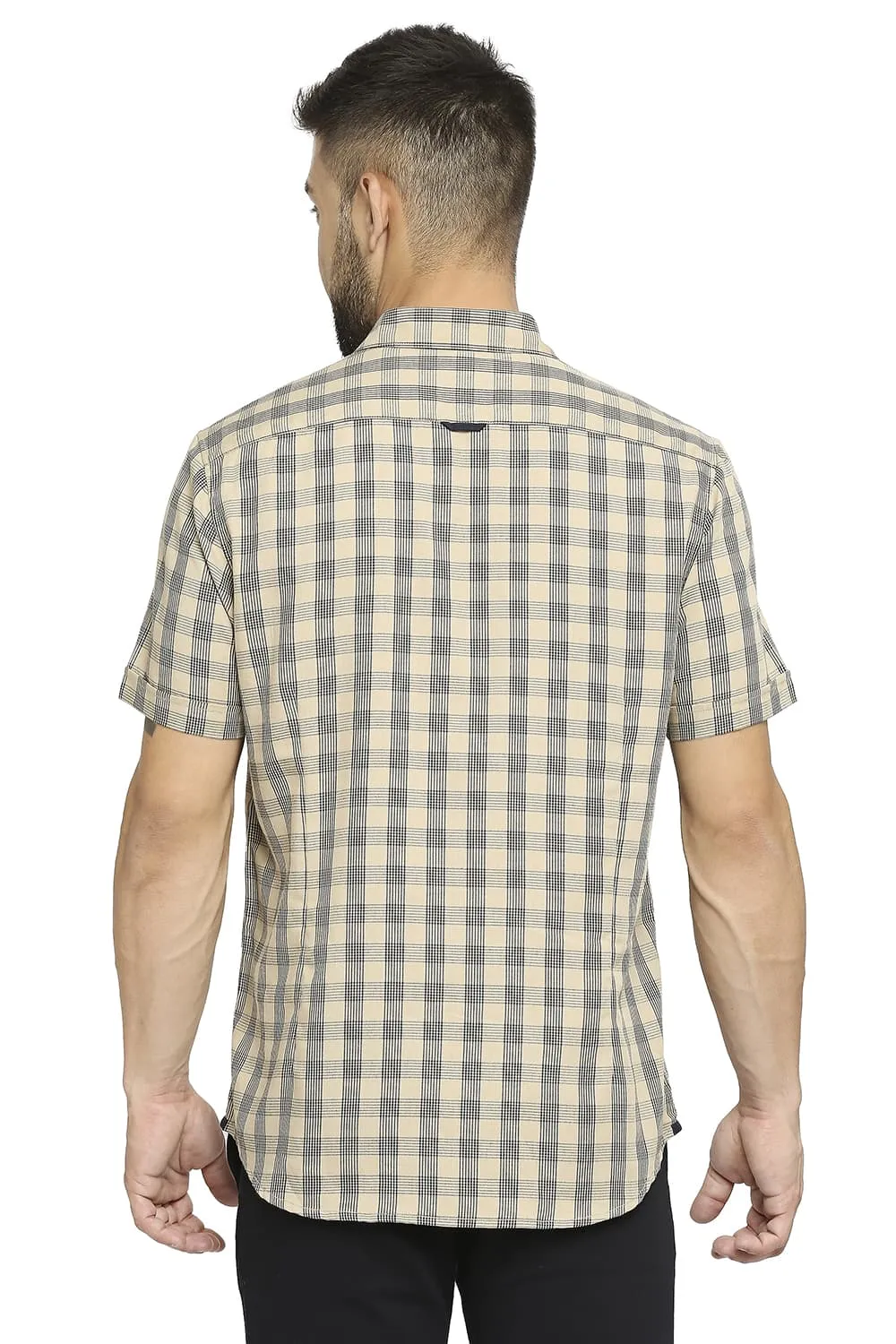 Slim Fit Polyester Viscose Twill Checks Halfsleeves Shirt