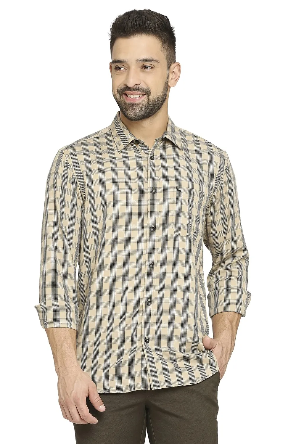 Slim Fit Polyester Viscose Twill Checks Shirt