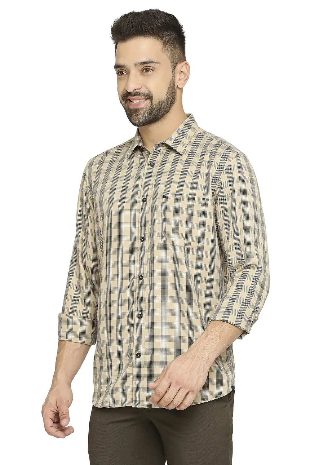 Slim Fit Polyester Viscose Twill Checks Shirt