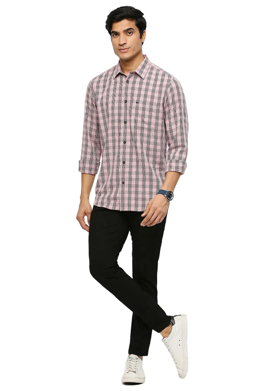 Slim Fit Polyester Viscose Twill Checks Shirt