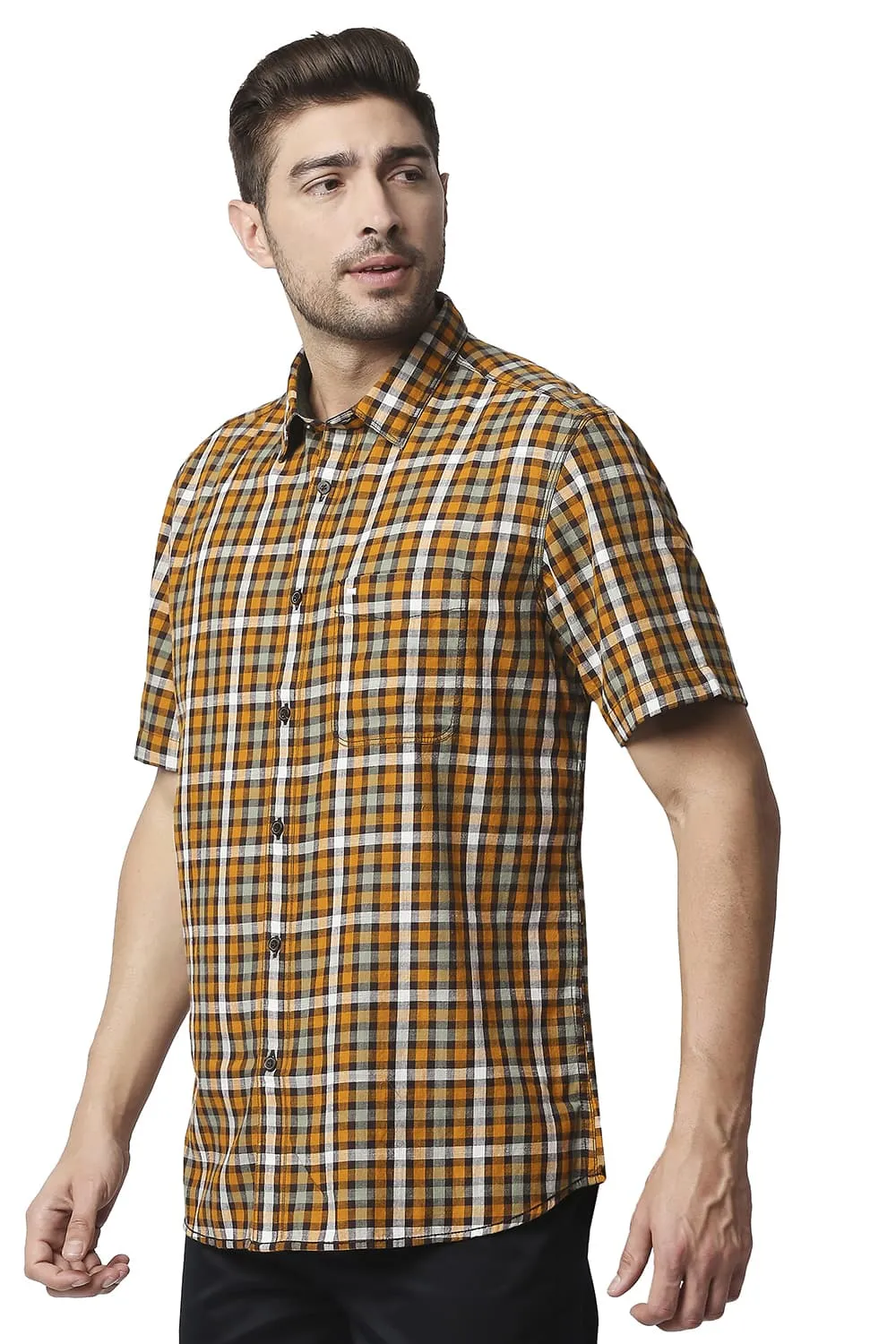 Slim Fit Slub Twill Checks Halfsleeves Shirt