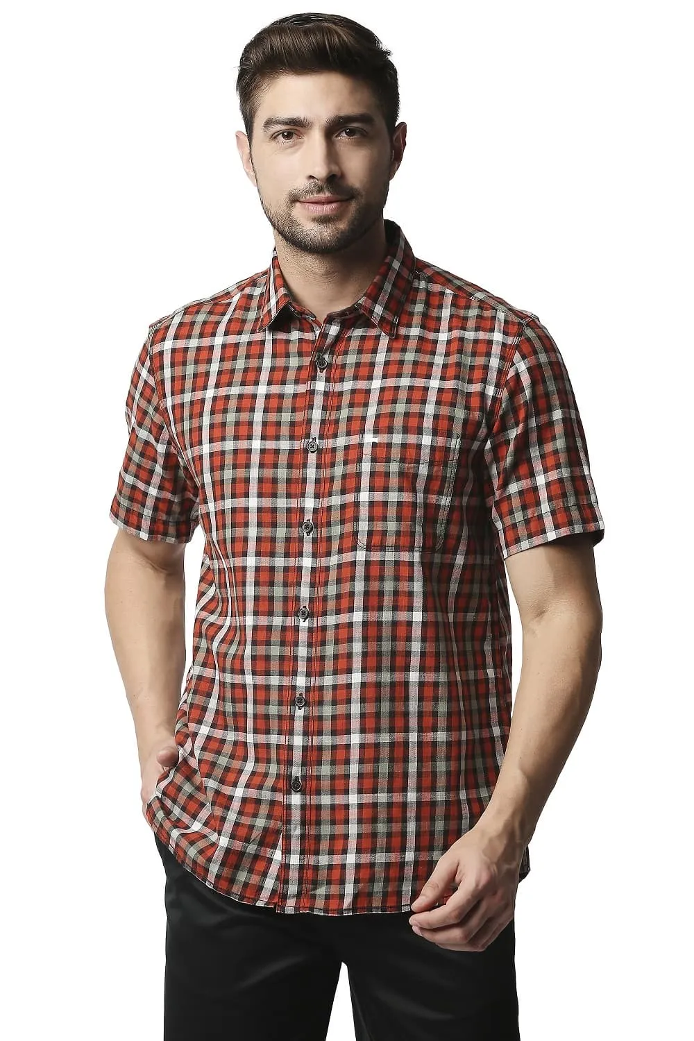 Slim Fit Slub Twill Checks Halfsleeves Shirt