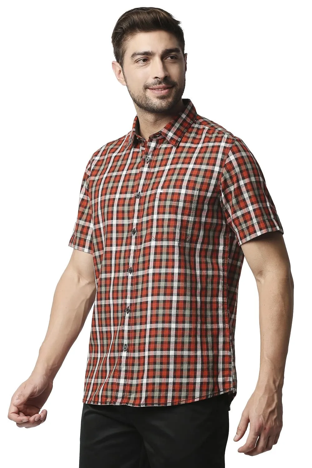 Slim Fit Slub Twill Checks Halfsleeves Shirt