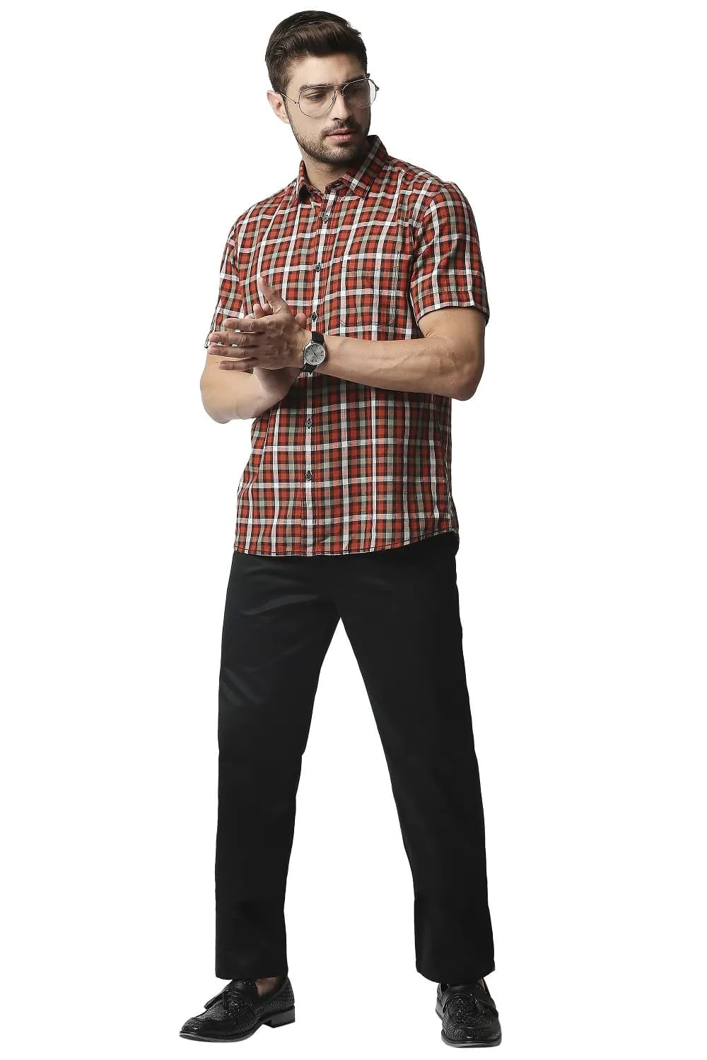 Slim Fit Slub Twill Checks Halfsleeves Shirt