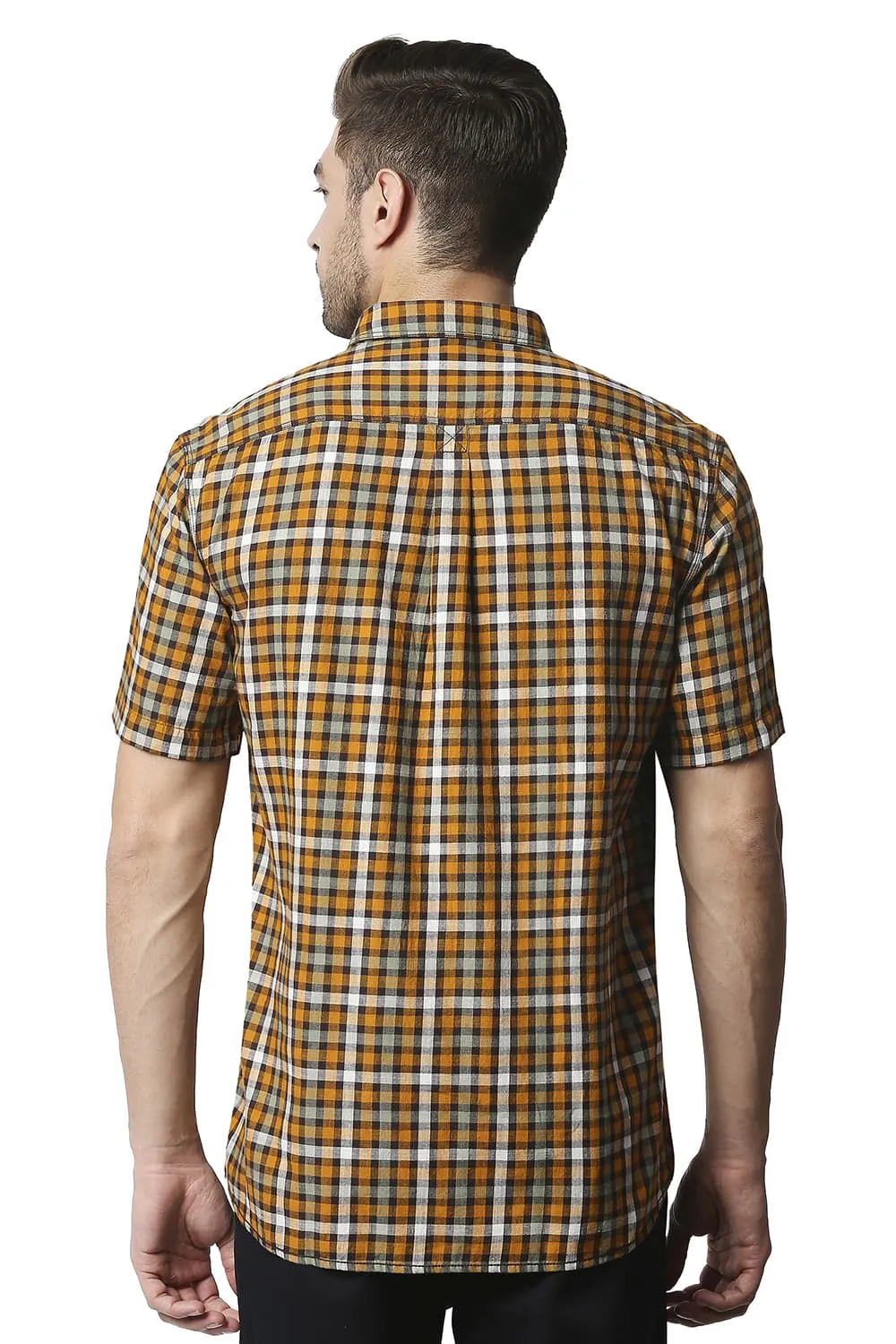 Slim Fit Slub Twill Checks Halfsleeves Shirt