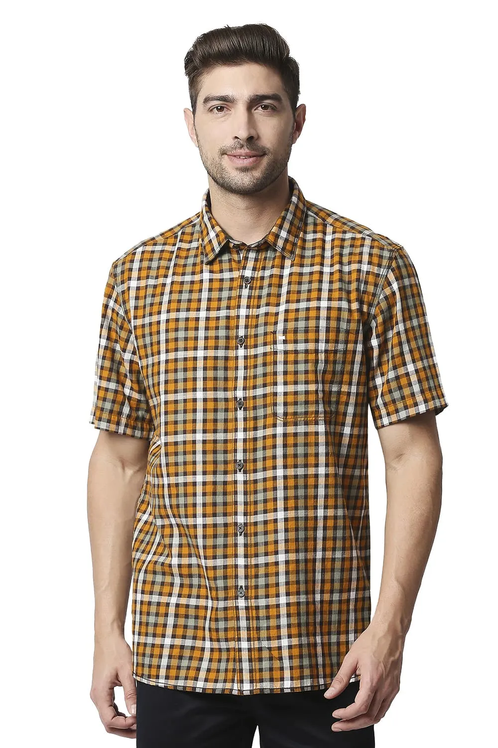 Slim Fit Slub Twill Checks Halfsleeves Shirt