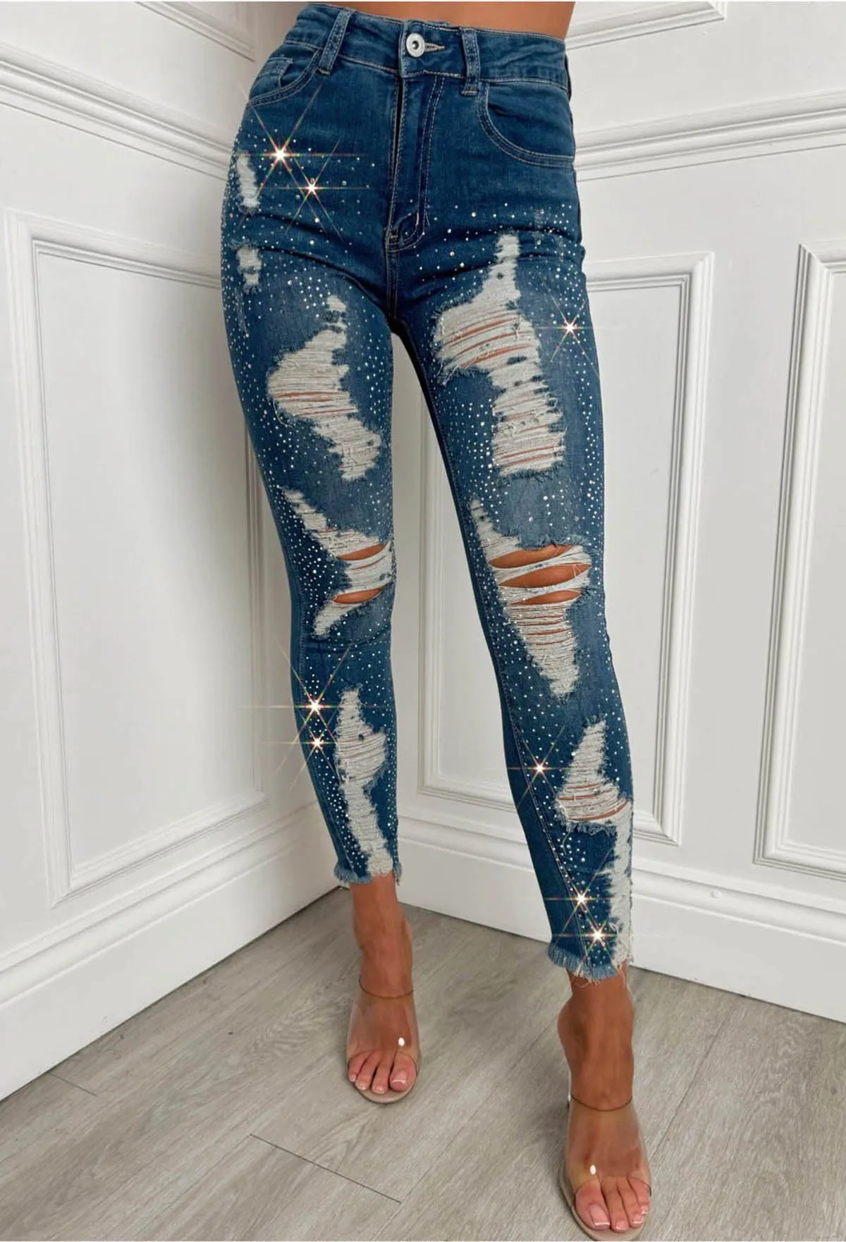 Sparkle Days Dark Blue Sparkle Ripped Stretch Jeans