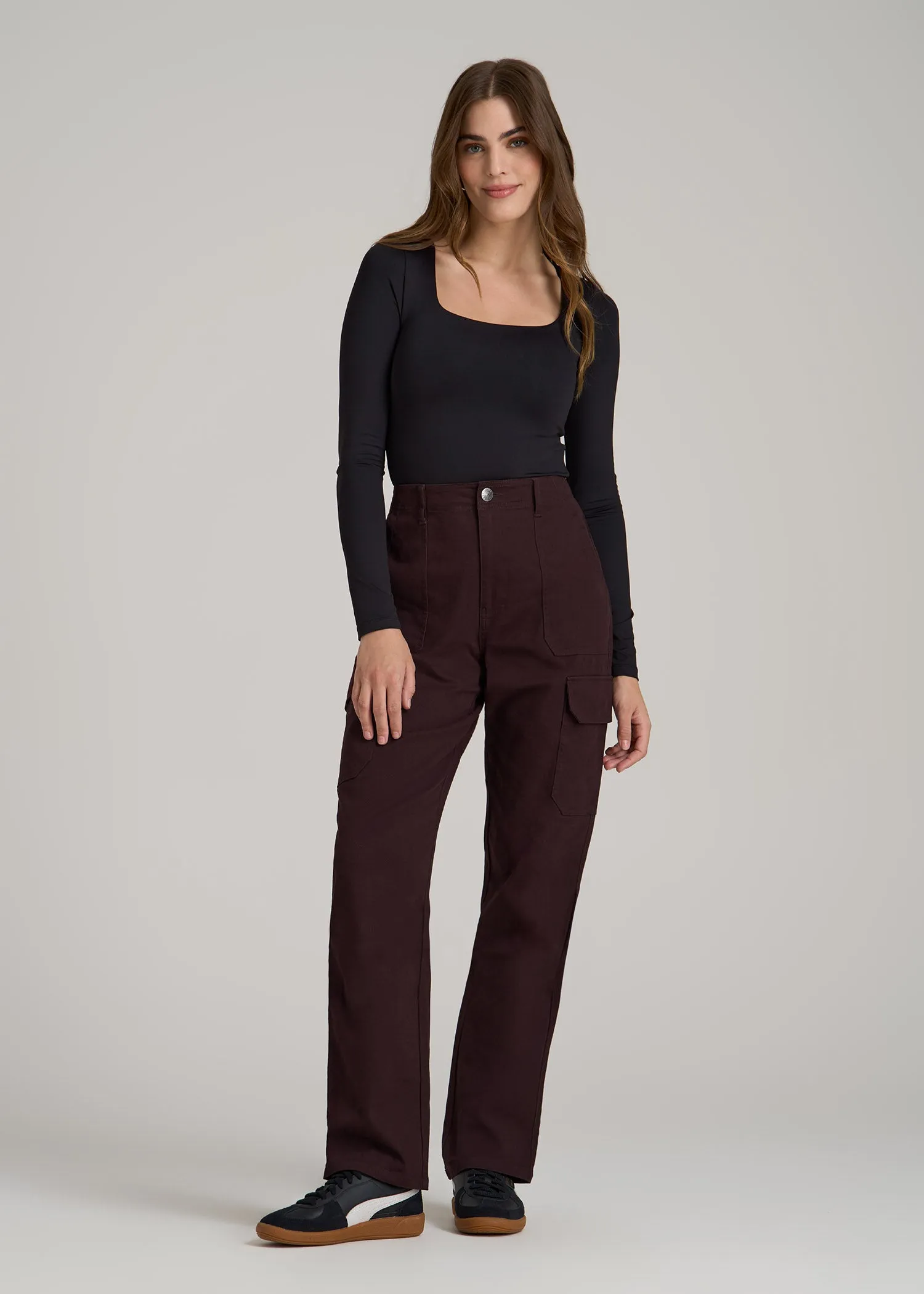 Straight Leg Cargo Chino Pants for Tall Women in Oxblood