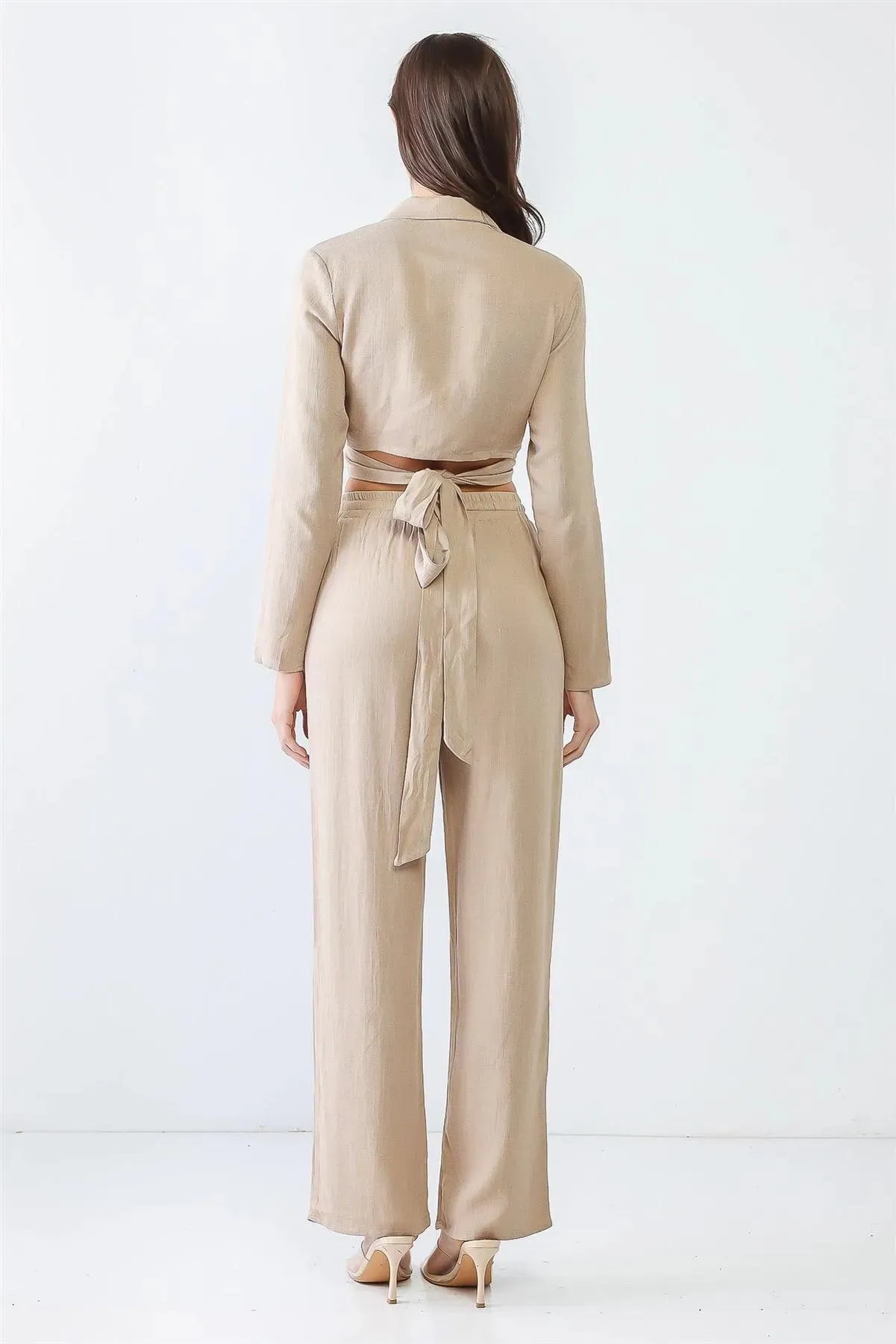 Taupe Linen Blend Collared Wrap Neck Around Self-Tie Crop Top & High Waist Pants Set /3-2-1