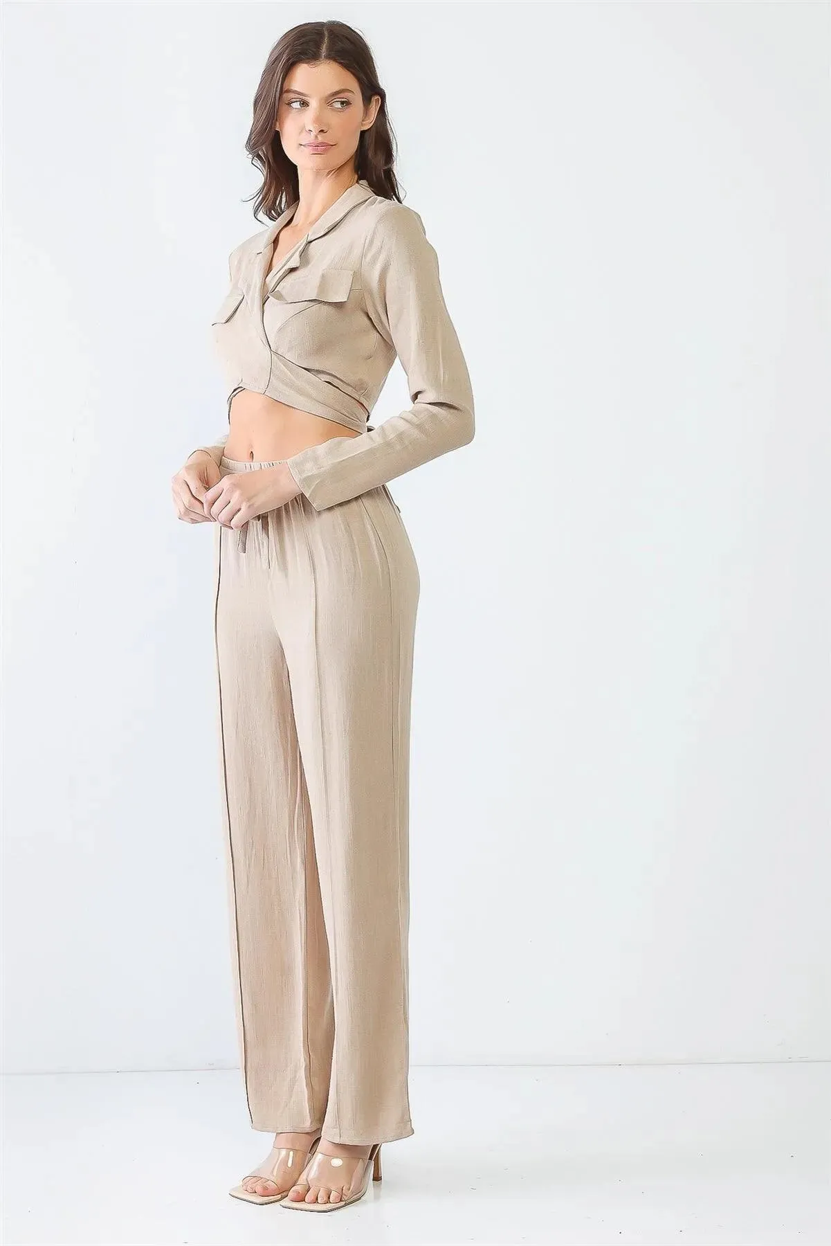 Taupe Linen Blend Collared Wrap Neck Around Self-Tie Crop Top & High Waist Pants Set /3-2-1