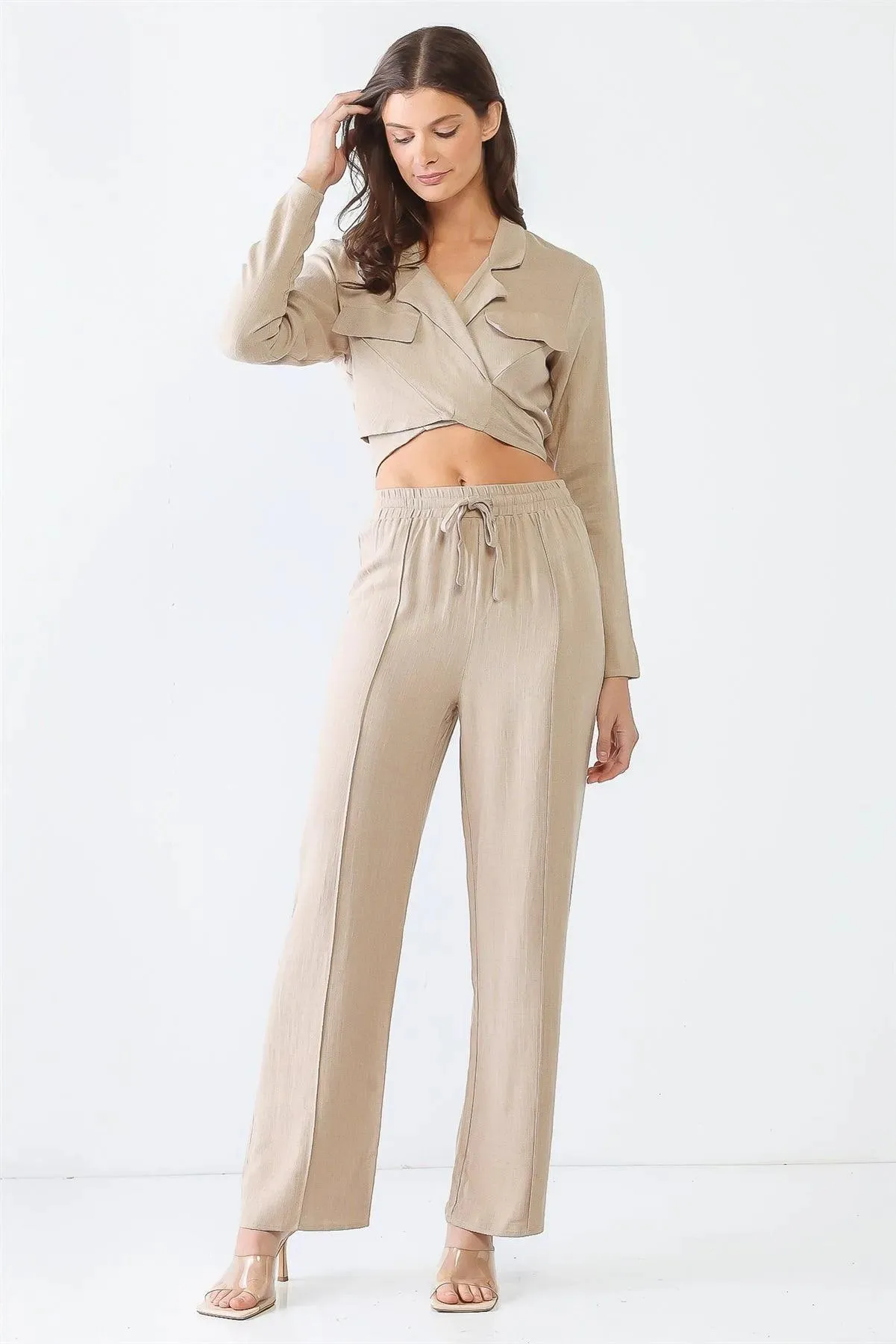 Taupe Linen Blend Collared Wrap Neck Around Self-Tie Crop Top & High Waist Pants Set /3-2-1