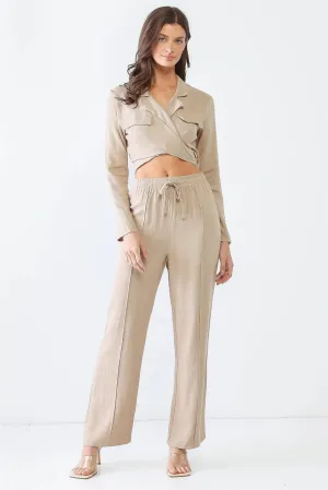 Taupe Linen Blend Collared Wrap Neck Around Self-Tie Crop Top & High Waist Pants Set /3-2-1