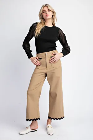 Taupe Ric Rac Trim Cropped Straight Leg Pants