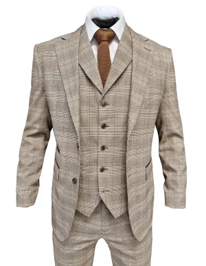 TAVERNY Captain - Men's Three-Piece Checkered Suit in Beige