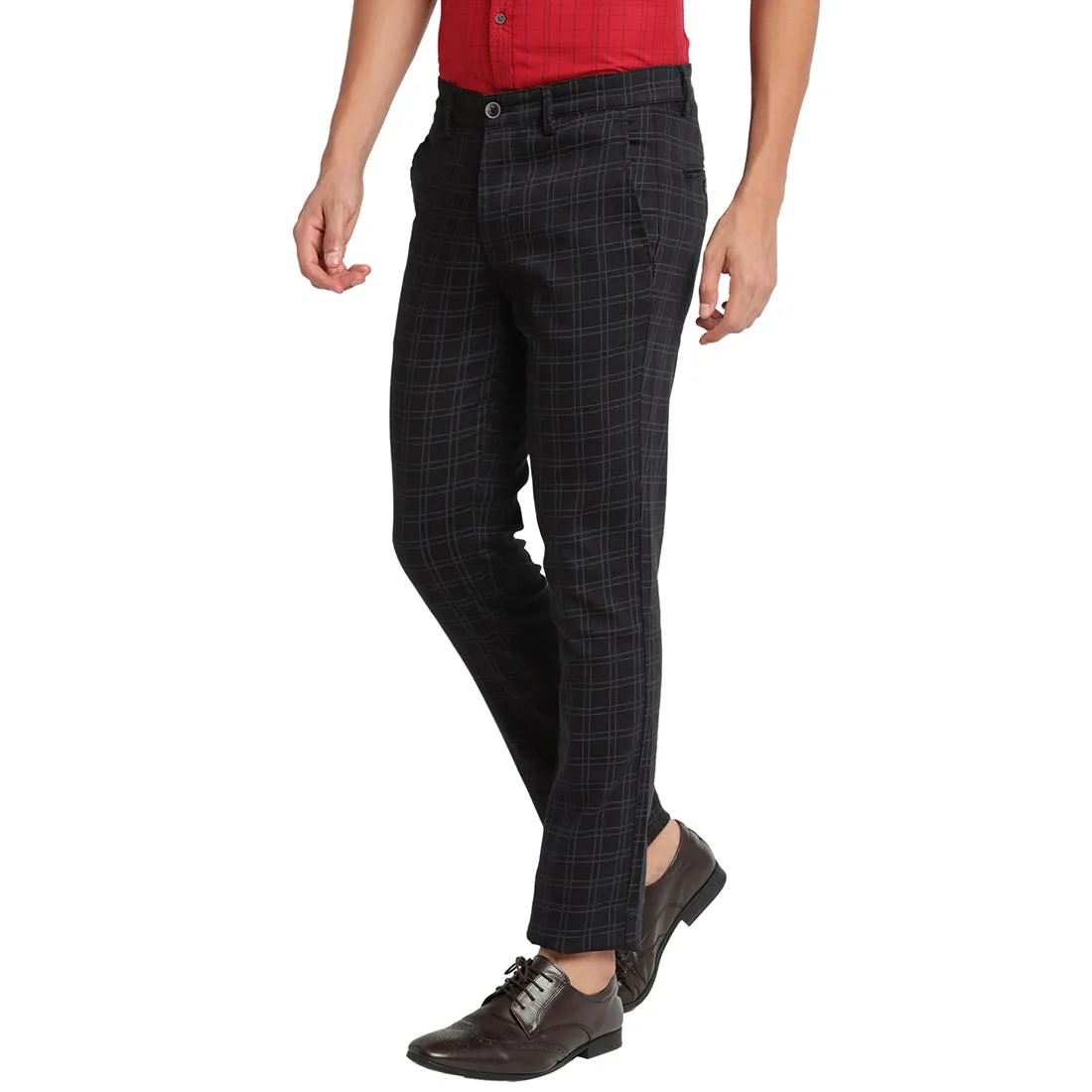 Turtle Men Black Narrow Fit Checked Casual Trousers