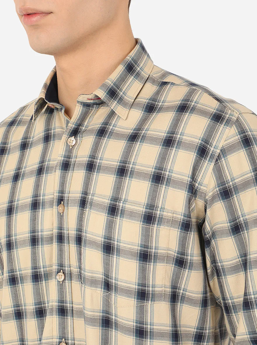 Vanila Cream Checked Slim Fit Casual Shirt | Greenfibre