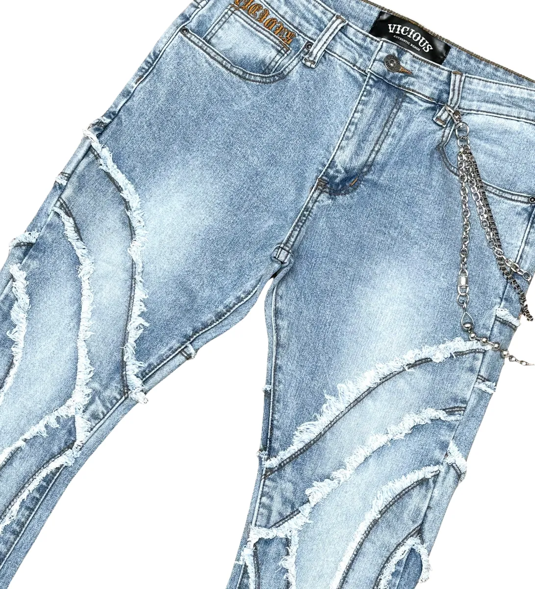 VICIOUS DENIM FRAY RIPPED FLARE DENIM W/MULTI CHAINS VC690-LIGHTBLUE