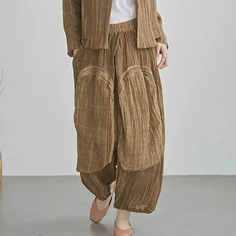 Vintage Linen Pants High Waist Palazzo Cropped Pants for Women