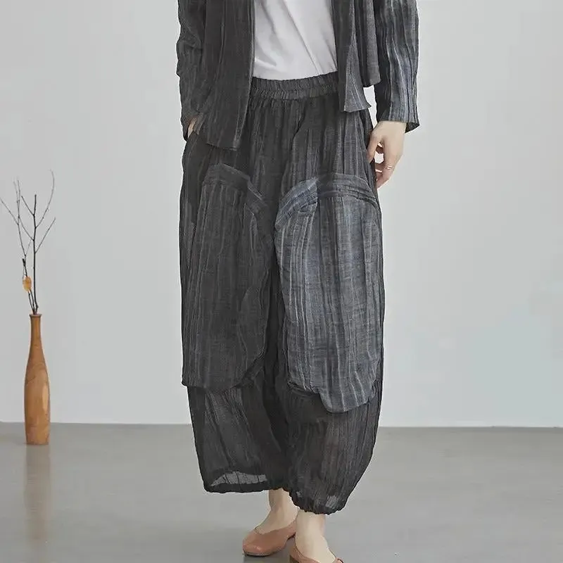 Vintage Linen Pants High Waist Palazzo Cropped Pants for Women