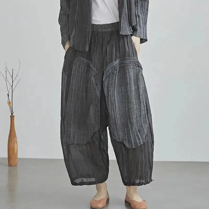 Vintage Linen Pants High Waist Palazzo Cropped Pants for Women