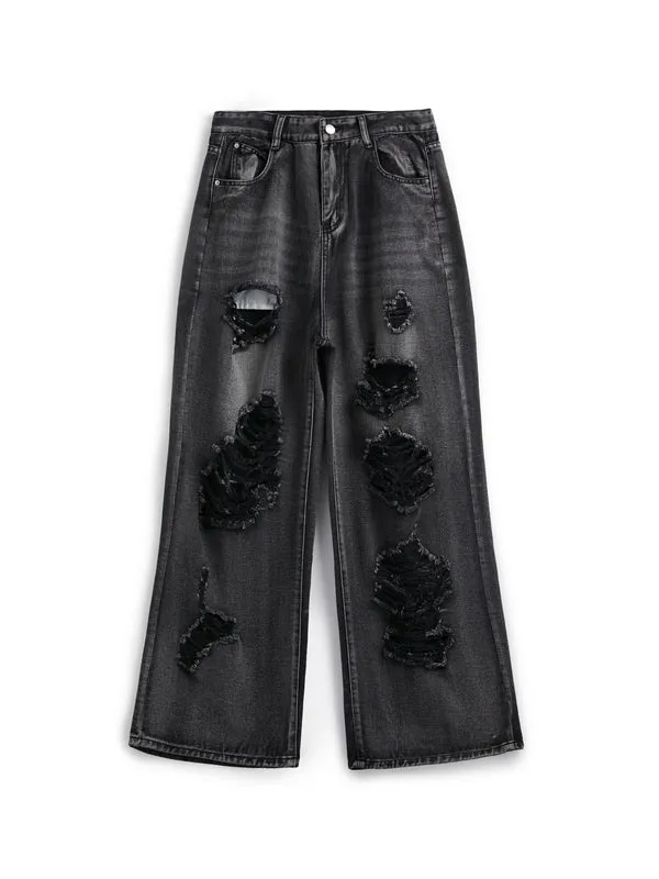 Wenkouban Black ripped boyfriend jeans with washed effect