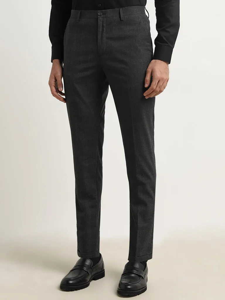 WES Formals Black Checkered Carrot-Fit Mid-Rise Trousers