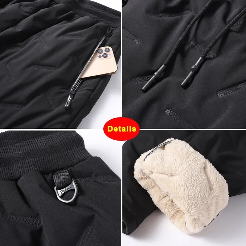 Winter Zip Pockets Thicken Fleece Sweatpants Joggers Water Proof Thermal Trousers