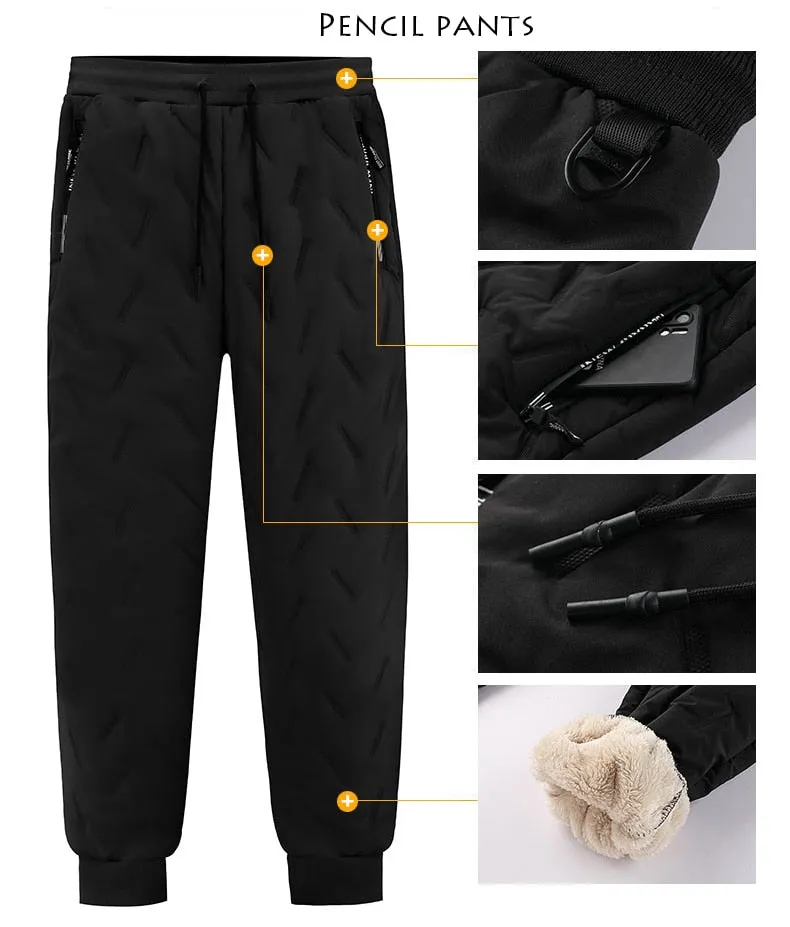 Winter Zip Pockets Thicken Fleece Sweatpants Joggers Water Proof Thermal Trousers