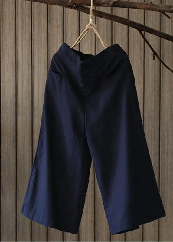 Women Vintage Solid Elastic Waist Wide Leg Pants with Pockets