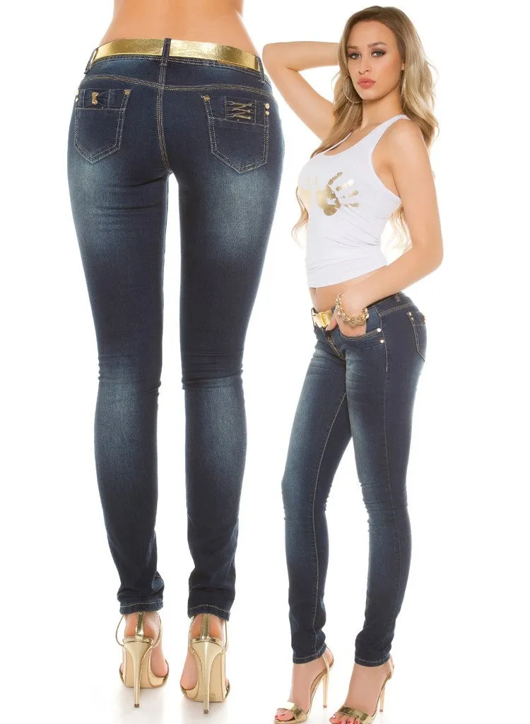 Women's dark blue skinny jeans with gold chain detailing   matching gold Belt.