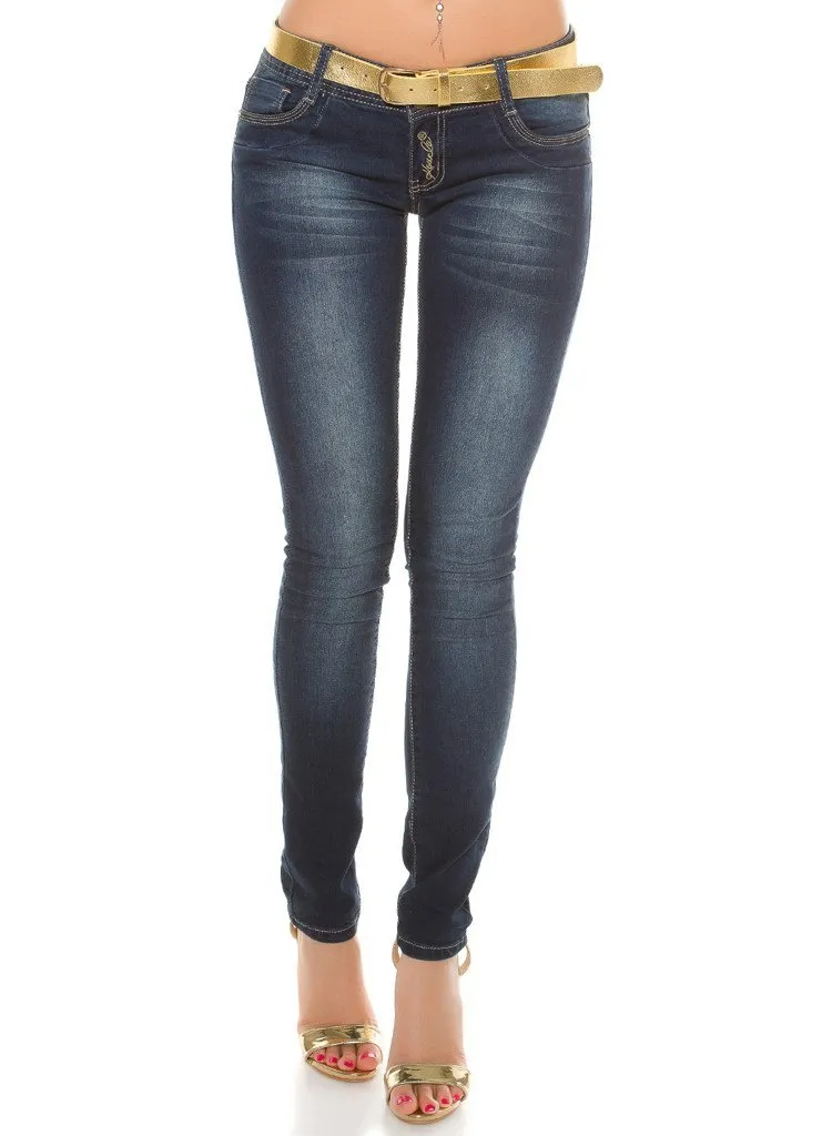 Women's dark blue skinny jeans with gold chain detailing   matching gold Belt.