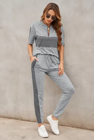 Women's Plaid Short Sleeve T shirt And Track Pants