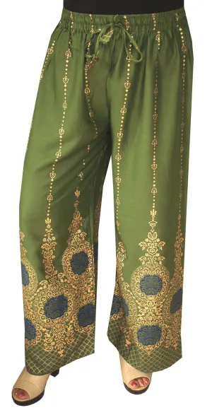 Womens Rayon Indian Pants Wide Leg Golden Print (Green)