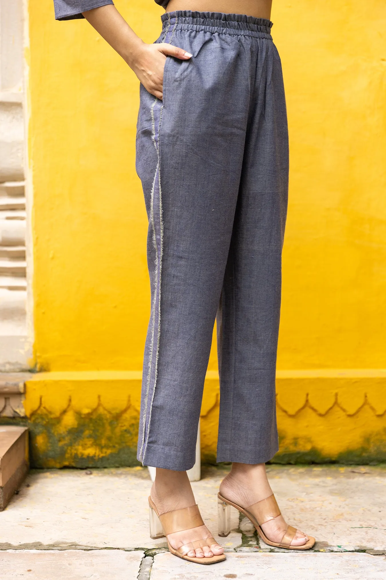 Yarn-Dyed Cotton Zari Pants with Elastic Waist and Side Pockets